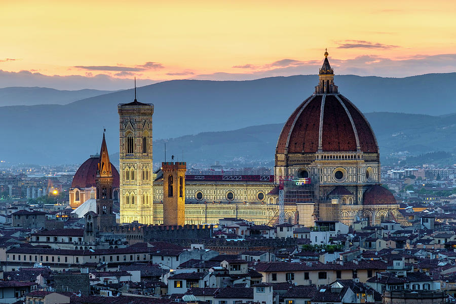 Florence Cathedral And Buildings In Old Town At Sunset, Florence ...