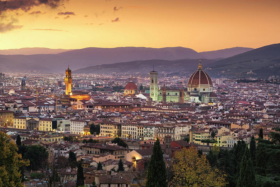 Florence or Firenze sunset aerial cityscape.Tuscany, Italy #1 Photograph by Stefano Orazzini