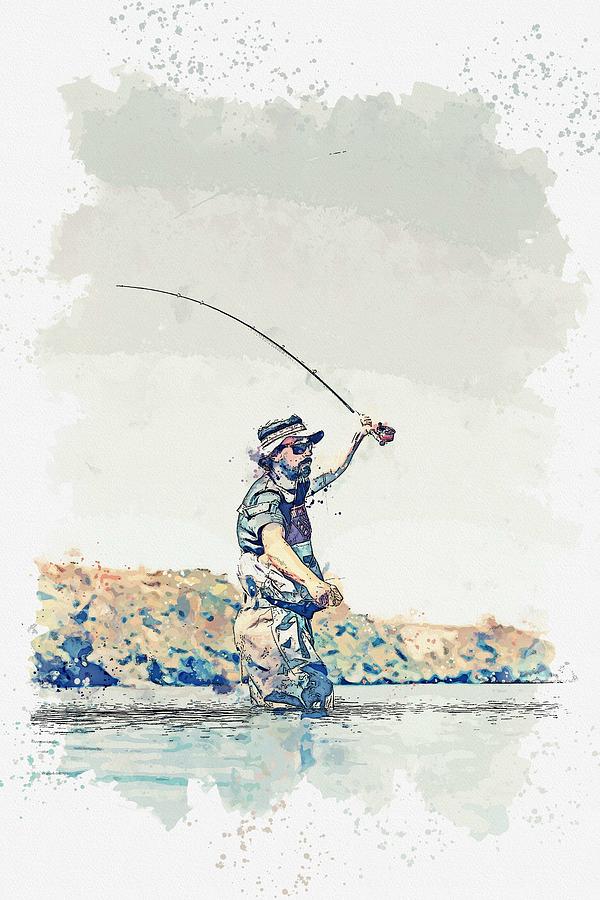 Fly fishing -  watercolor by Ahmet Asar #1 Painting by Celestial Images