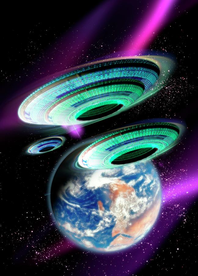 Abstract Digital Art - Flying Saucers Invading Earth, Artwork #1 by Victor Habbick Visions