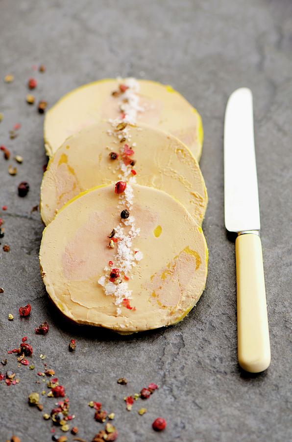 Foie Gras On A Slate Slab With Fleur De Sel And Peppercorns #1 Photograph by Jamie Watson