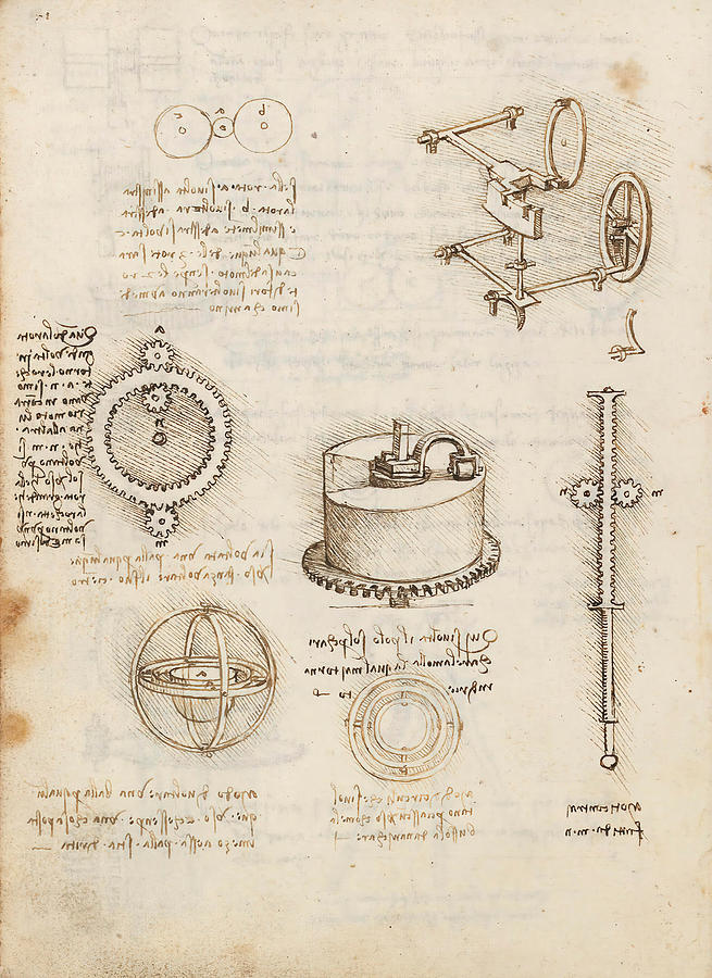 Folio f 13v. Codex Madrid I -Ms. 8937- Treaty of statics and mechanics, 192 folios with 384 pag... #1 Drawing by Album