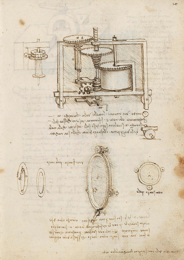 Folio f 14r. Codex Madrid I -Ms. 8937- Treaty of statics and mechanics, 192 folios with 384 pag... #1 Drawing by Album