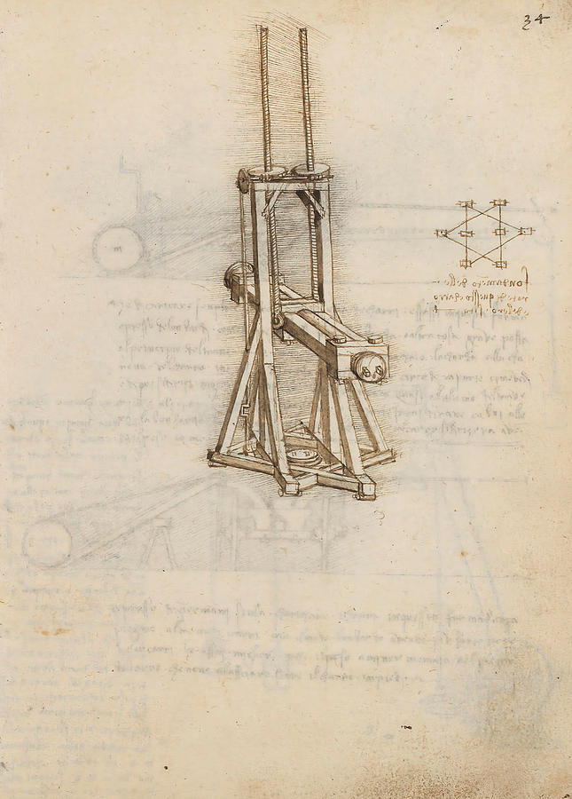 Folio f 34r. Codex Madrid I -Ms. 8937- Treaty of statics and mechanics, 192 folios with 384 pag... #1 Drawing by Album