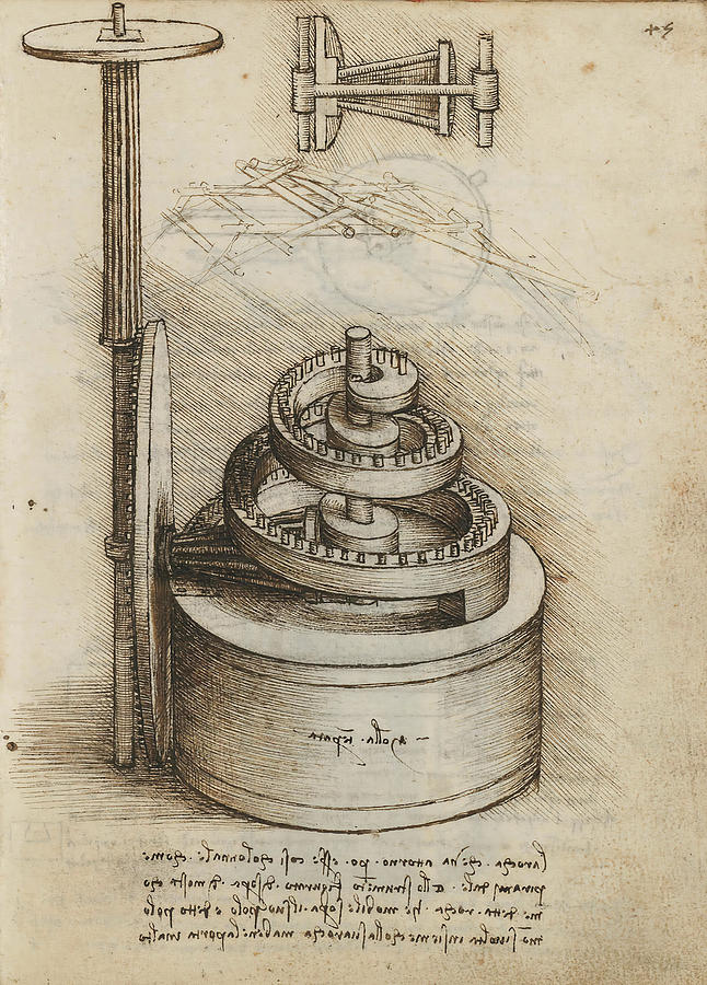 Folio f 45r. Codex Madrid I -Ms. 8937- Treaty of statics and mechanics, 192 folios with 384 pag... Drawing by Album