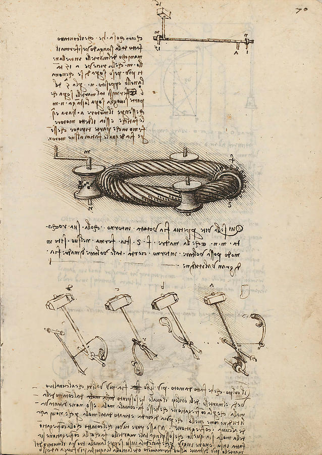 Folio f 70r. Codex Madrid I -Ms. 8937- Treaty of statics and mechanics, 192 folios with 384 pag... #1 Drawing by Album