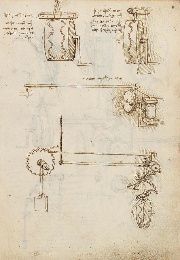 Folio f 8r. Codex Madrid I -Ms. 8937- Treaty of statics and mechanics, 192 folios with 384 page... Drawing by Album