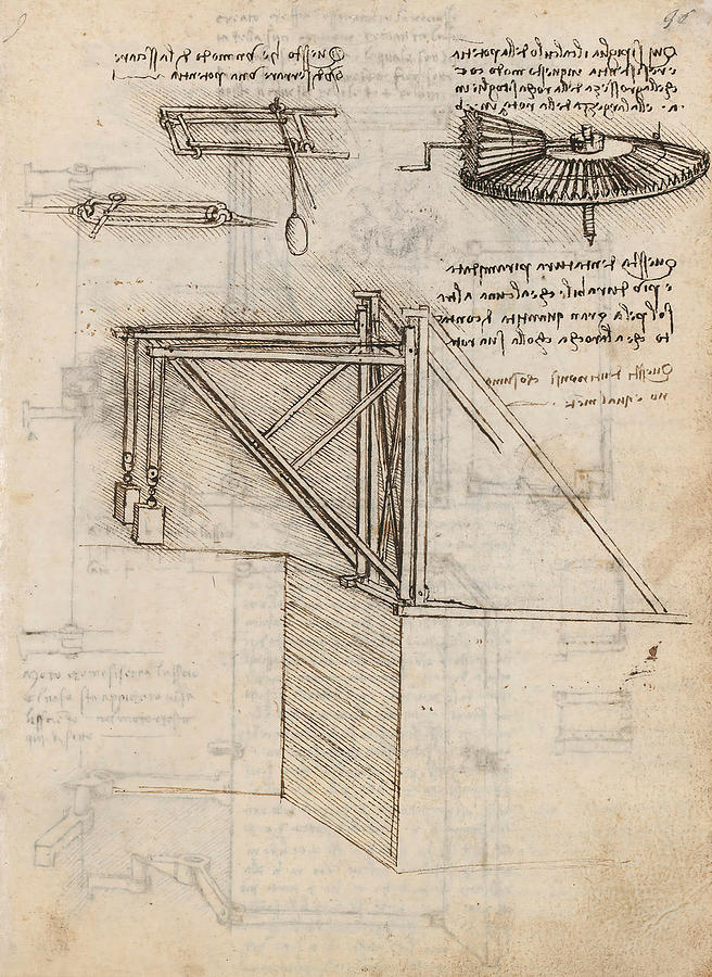 Folio f 96r. Codex Madrid I -Ms. 8937- Treaty of statics and mechanics, 192 folios with 384 pag... Drawing by Album
