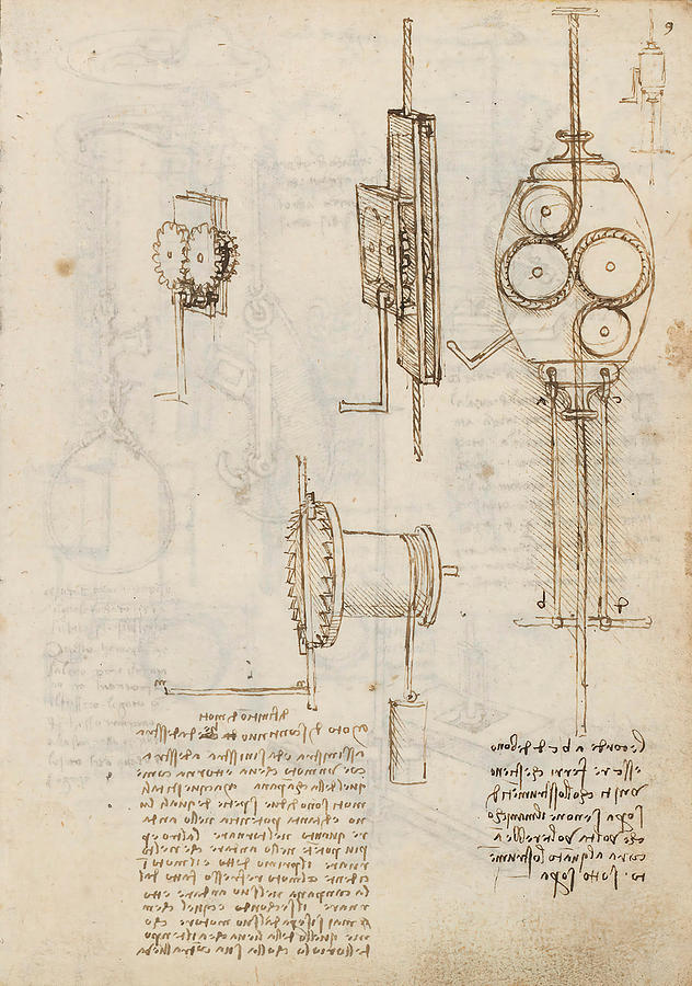 Folio f 9r. Codex Madrid I -Ms. 8937- Treaty of statics and mechanics, 192 folios with 384 page... #1 Drawing by Album