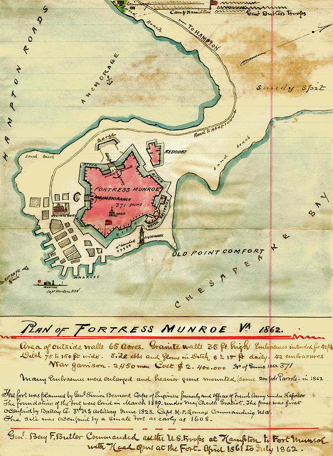 Map Painting - Fortifications at Fort Munroe #1 by Robert Knox Sneden
