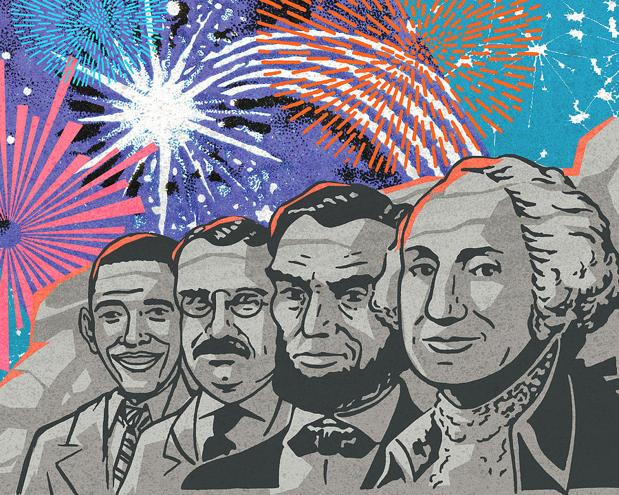 Fourth Of July Drawing - Four Presidents and Fireworks #1 by CSA Images