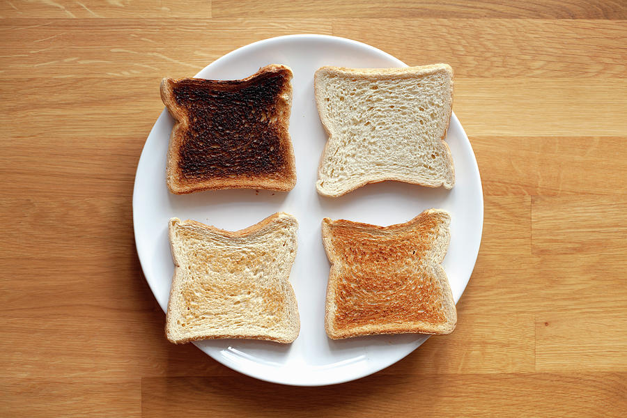 Four Sliced Bread On Plate. Fresh, Light Toast, Crispy Toast And Burnt #1  by Tiina & Geir