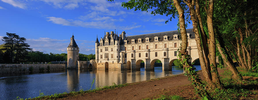 France, Centre, Loire Valley, Indre-et-loire, Cher, Chenonceaux, Chenonceau Castle, Warm Light View Of The Castle At Sunset Reflected In The River Cher #1 Digital Art by Riccardo Spila