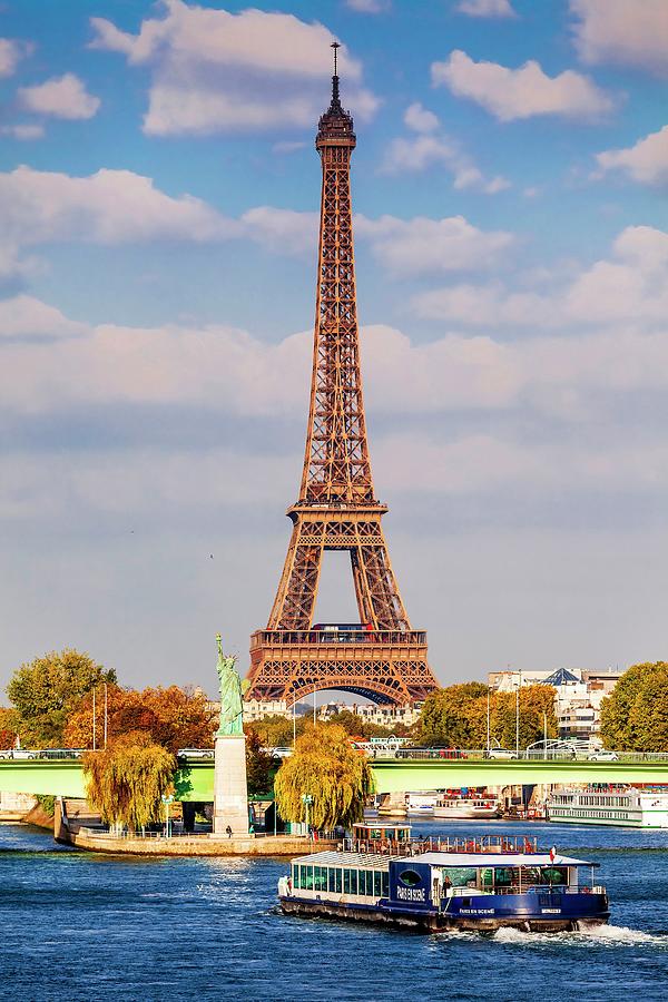 France, Ile-de-france, Seine, Paris, Invalides, Eiffel Tower, River Seine With Replica Of The Statue Of The Liberty, Pont De Grenelle And Eiffel Tower #1 Digital Art by Alessandro Saffo