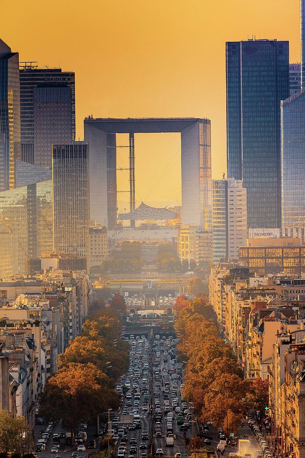 France, Ile-de-france, Ville De Paris, Paris, La Defense, View From Champs-elysees At Sunset #1 Digital Art by Antonino Bartuccio