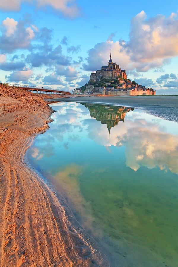 France, Normandy, Atlantic Ocean, English Channel, Basse-normandie, Mont Saint-michel Low Tide With Mont Saint-michel Reflecting In Tideway #1 Digital Art by Luigi Vaccarella