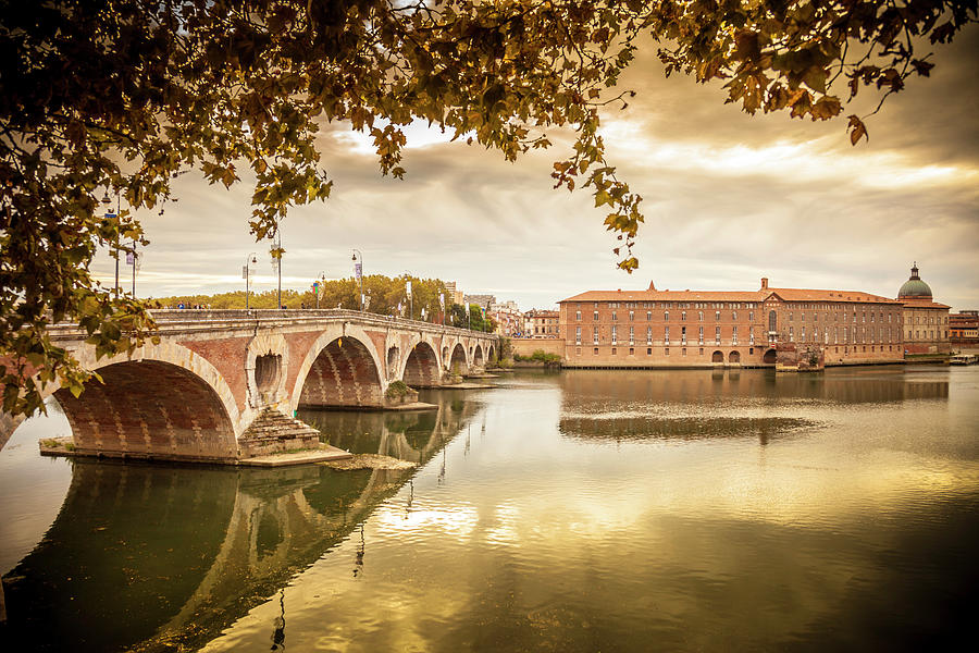 France, Occitanie, Toulouse, Haute-garonne, Pont Neuf And Garonne River At Sunset And Sky Cloudy #1 Digital Art by Stefano Cellai