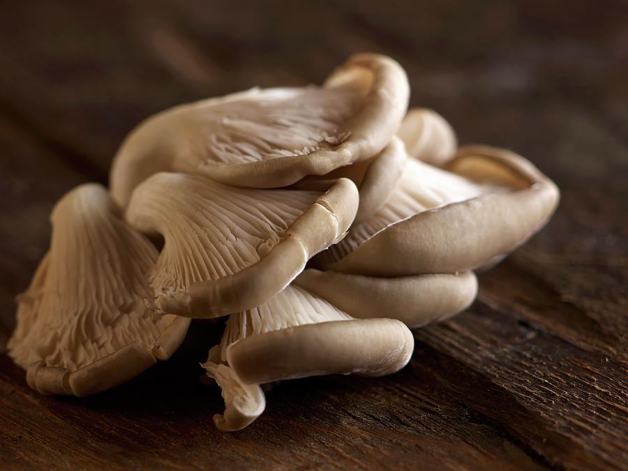 Fresh Oyster Mushrooms On A Wooden Surface #1 Photograph by Brenda Spaude