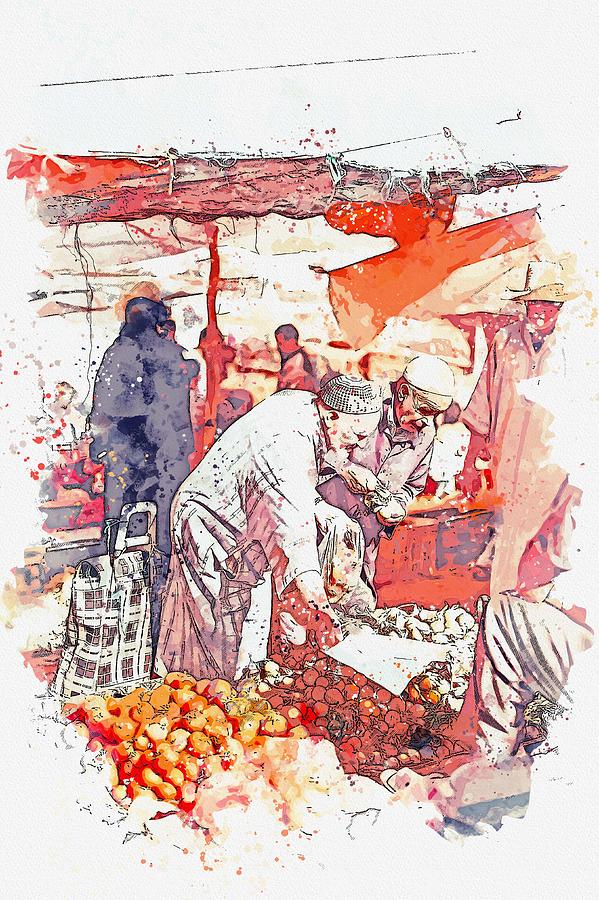 Fresh Produce Bazaar in Marrakesh, Morocco  c2019, watercolor by Adam Asar #1 Painting by Celestial Images