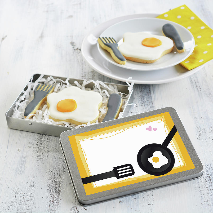 Fried Egg And Cutlery Biscuits In A Tin And On A Plate #1 Photograph by Mariola Streim