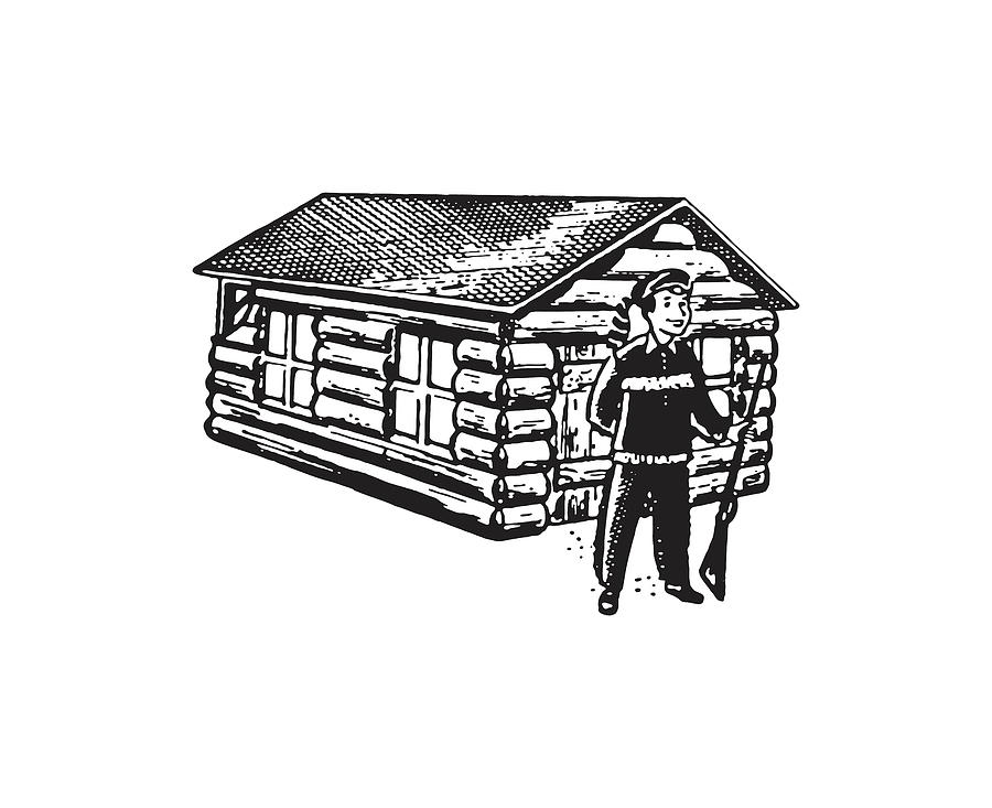 Black And White Drawing - Frontiersman in Front of Log Cabin #1 by CSA Images