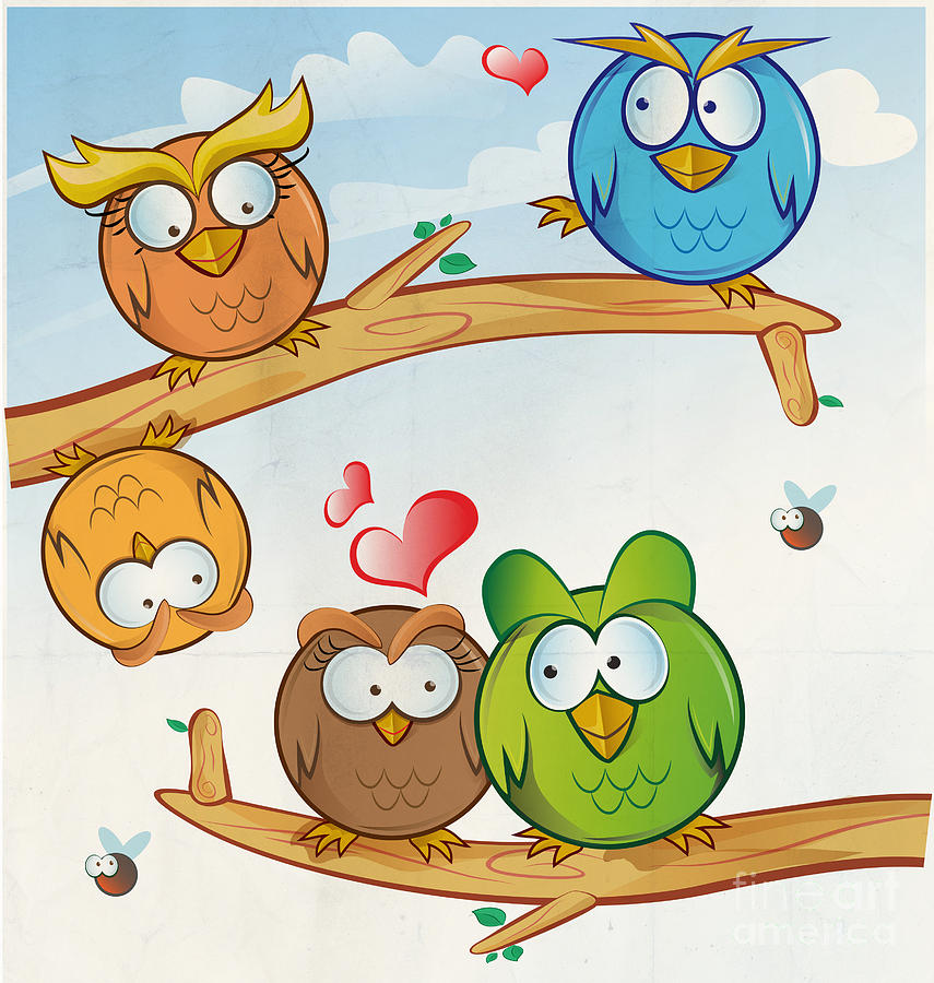 Funny Owl Group Cartoon On Tree Digital Art by Domenico Condello - Fine Art  America