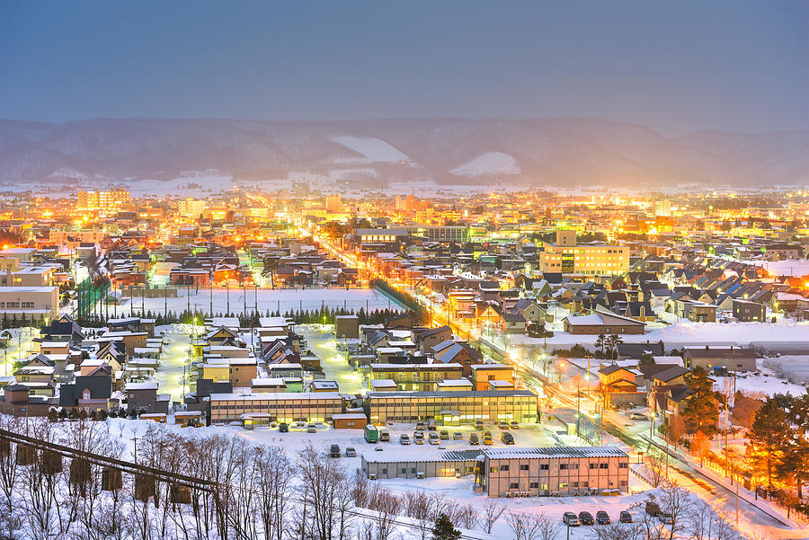 Winter Photograph - Furano, Hokkaido, Japan Town Skyline #1 by Sean Pavone