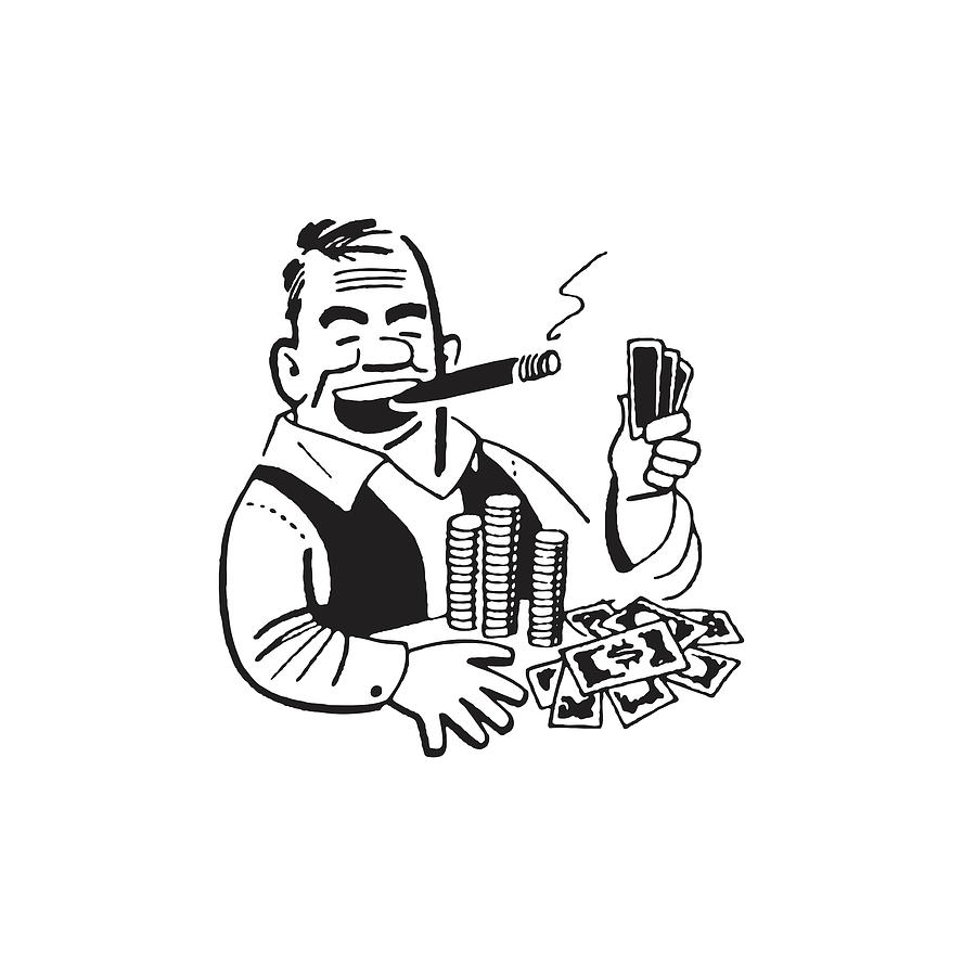 Gambler with Cigar and Stacks of Money Drawing by CSA Images - Fine Art ...