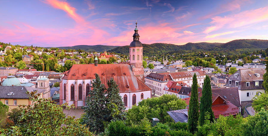 Germany, Baden-wurttemberg, Baden-baden, View Over Baden-baden With Stiftskirche In The Foreground And Pfeifersfels Hilly Landscape In The Background. #1 Digital Art by Francesco Carovillano