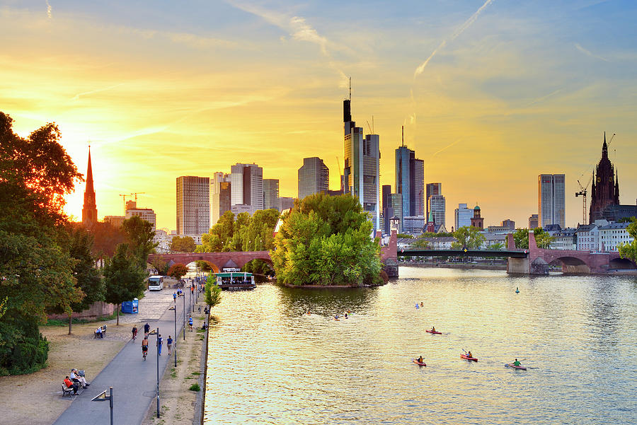 Germany, Hessen, Frankfurt Am Main, View Over Frankfurt City Center And Financial District With Main River. #1 Digital Art by Francesco Carovillano