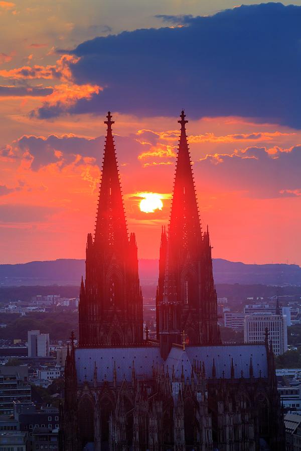 Germany, North Rhine-westphalia, Cologne, Cologne Cathedral And Hohenzollern Bridge Overview At Sunset #1 Digital Art by Maurizio Rellini
