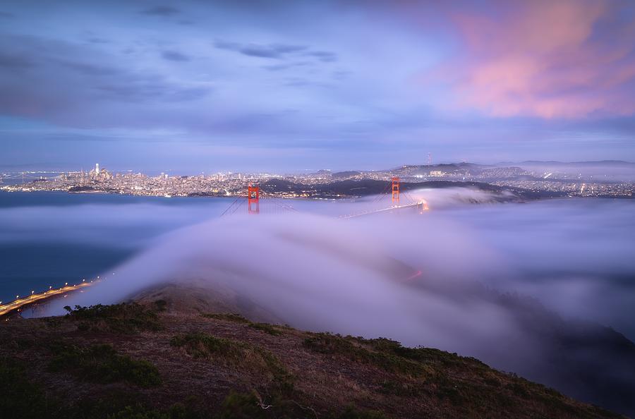Sunset Photograph - Ggb Low Fog #1 by Chengming