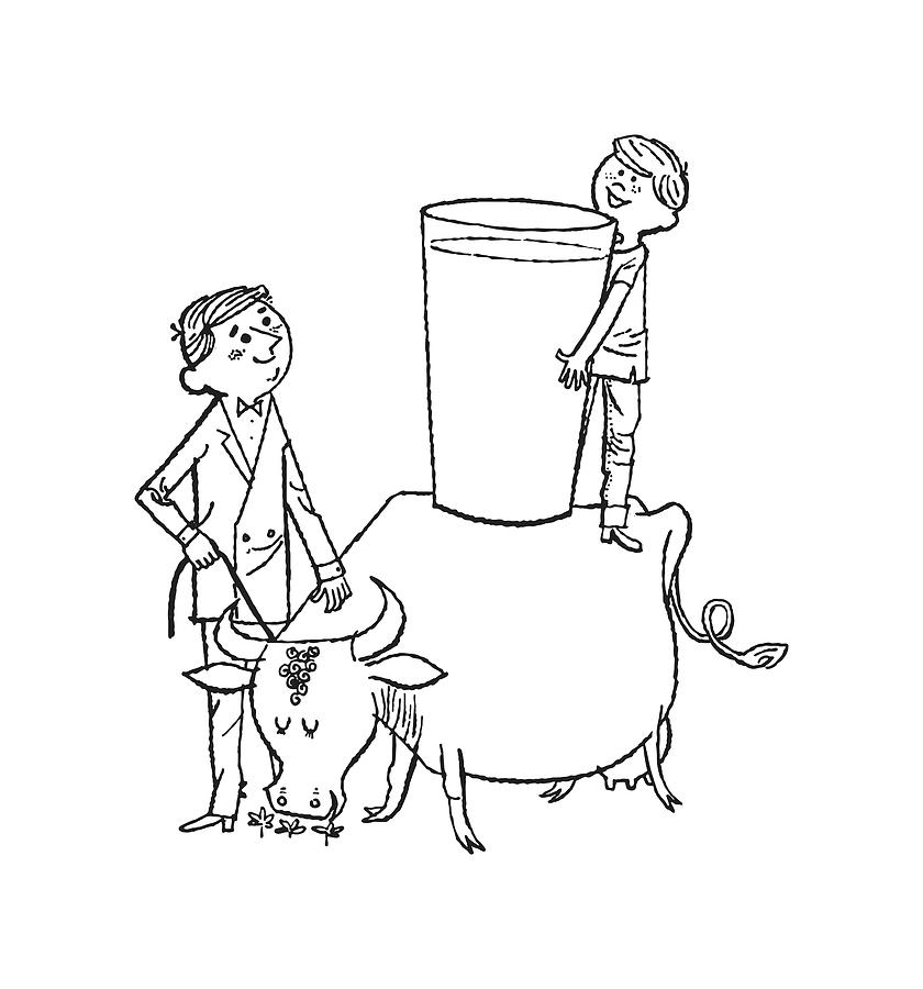 Black And White Drawing - Giant Glass of Milk on Cow #1 by CSA Images
