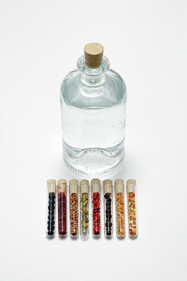 Gin In A Bottle With Various Flavourings In Test Tubes #1 Photograph by Petr Gross