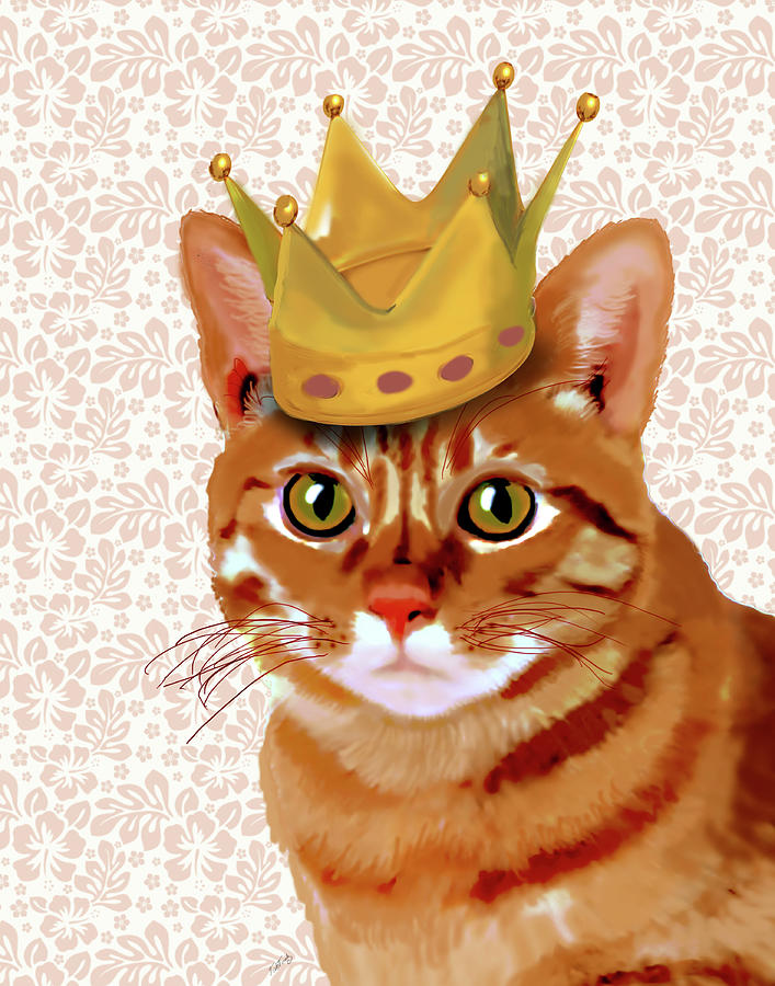 Animal Painting - Ginger Cat With Crown Portrait #1 by Fab Funky