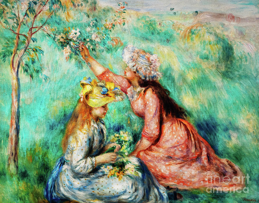 Girls Picking Flowers in a Meadow by Renoir Painting by Auguste Renoir ...