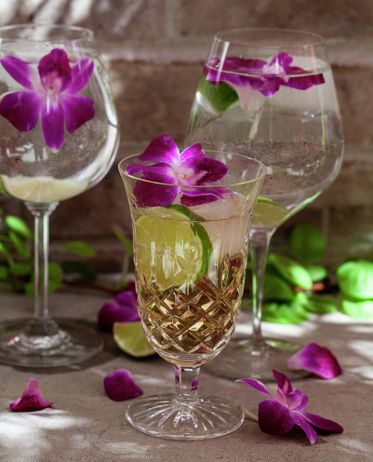 Glasses Of Sparkling Ginger Drinks And Sparkling Water With Lime And Edible Flower Garnish #1 Photograph by Ryla Campbell