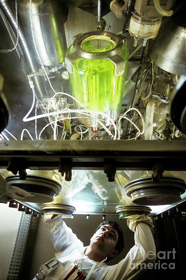 Person Photograph - Glove Box Handling Of Radioactive Waste #1 by Patrick Landmann/science Photo Library