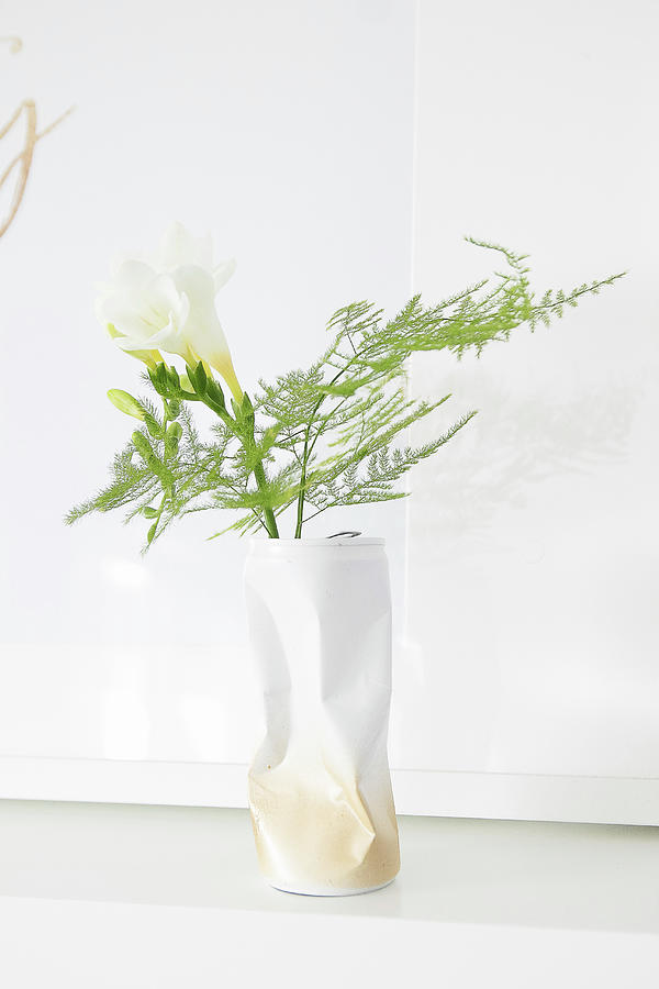 Gold And White Vase Hand-made From Crumpled Can #1 Photograph by Astrid Algermissen