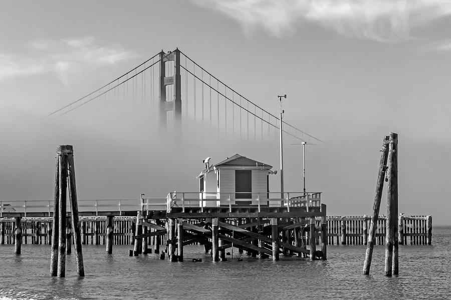 Black And White Photograph - Golden Gate In The Fog B and W by Bill Gallagher