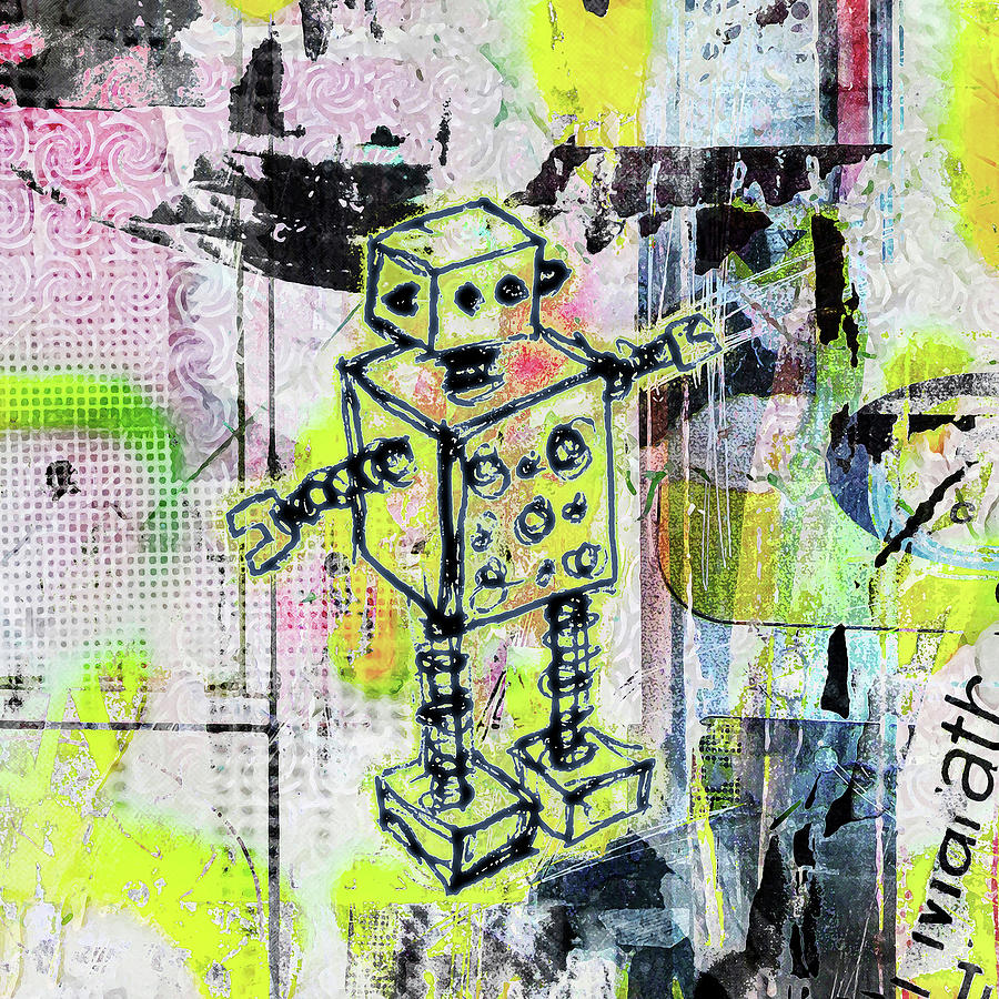 Abstract Mixed Media - Graffiti Graphic Robot #1 by Roseanne Jones