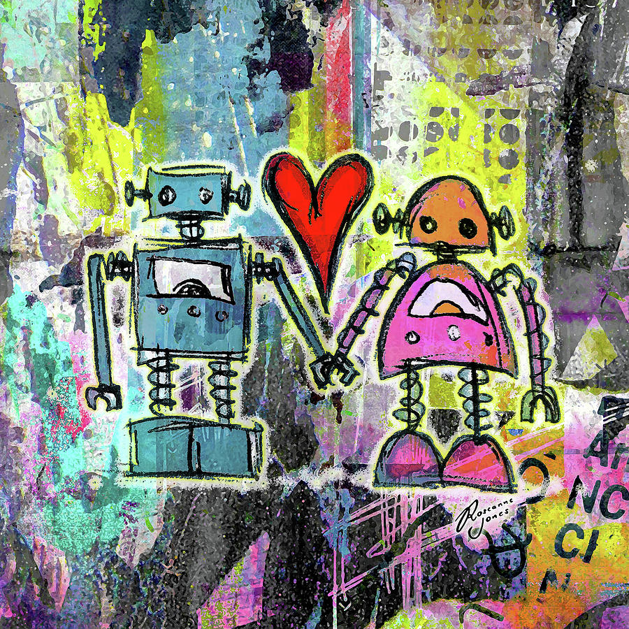 Abstract Mixed Media - Graffiti Pop Robot Love #1 by Roseanne Jones
