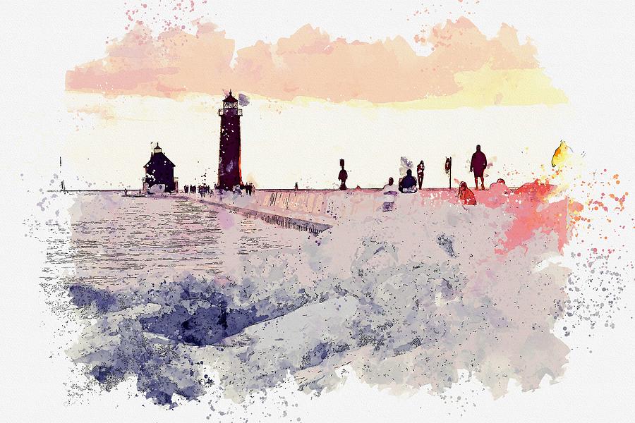 Grand Haven State Park, Grand Haven, United States -  watercolor by Adam Asar #1 Painting by Celestial Images