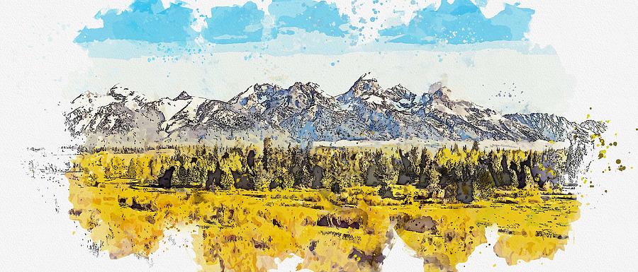 Grand Teton Mountains 2 -  watercolor by Ahmet Asar #1 Painting by Celestial Images
