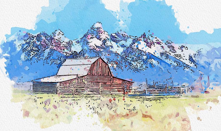 Grand Teton Mountains -  watercolor by Ahmet Asar #1 Painting by Celestial Images