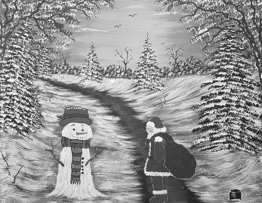 Grayscale Happy Christmas Mr Snowman Painting