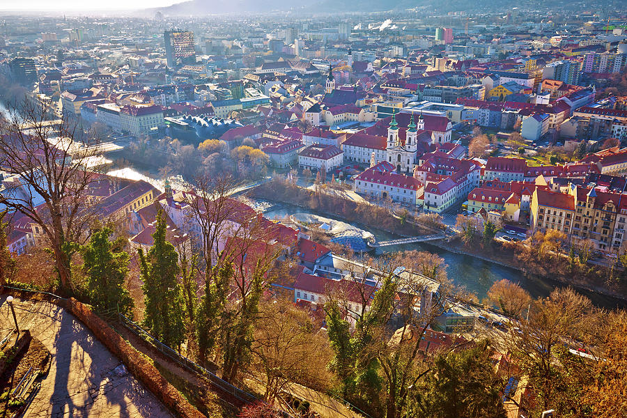 Graz city center and Mur river aerial view #1 Photograph by Brch Photography