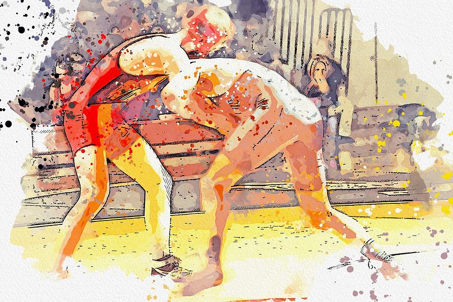 Greco Wrestling watercolor by Ahmet Asar #1 Painting by Celestial Images