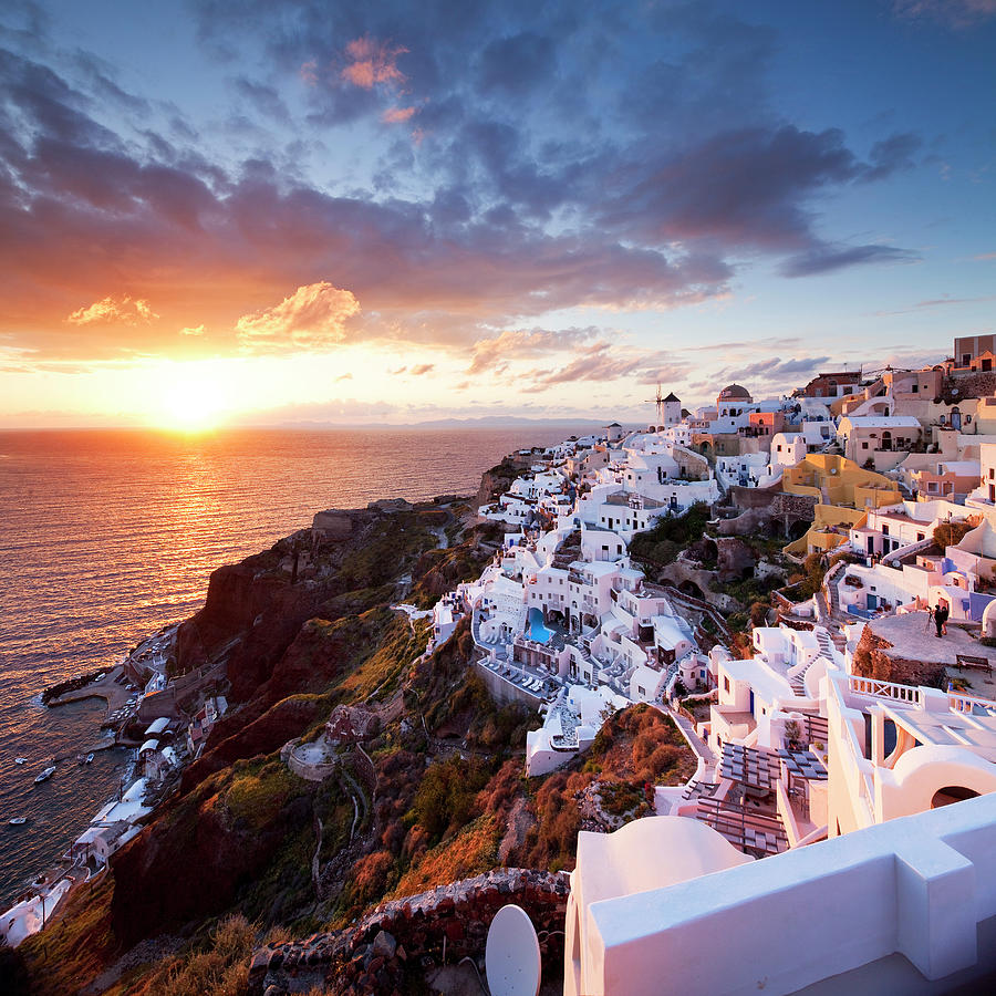 Greece, Aegean Islands, Cyclades, Santorini Island, Greek Islands, Oia Village At Sunset #1 Digital Art by Luigi Vaccarella