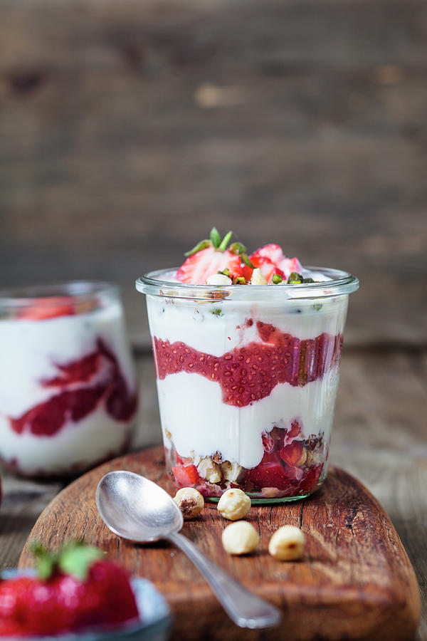 Greek Yoghurt With Strawberry And Chia Seed Jam, And Hazelnuts ...